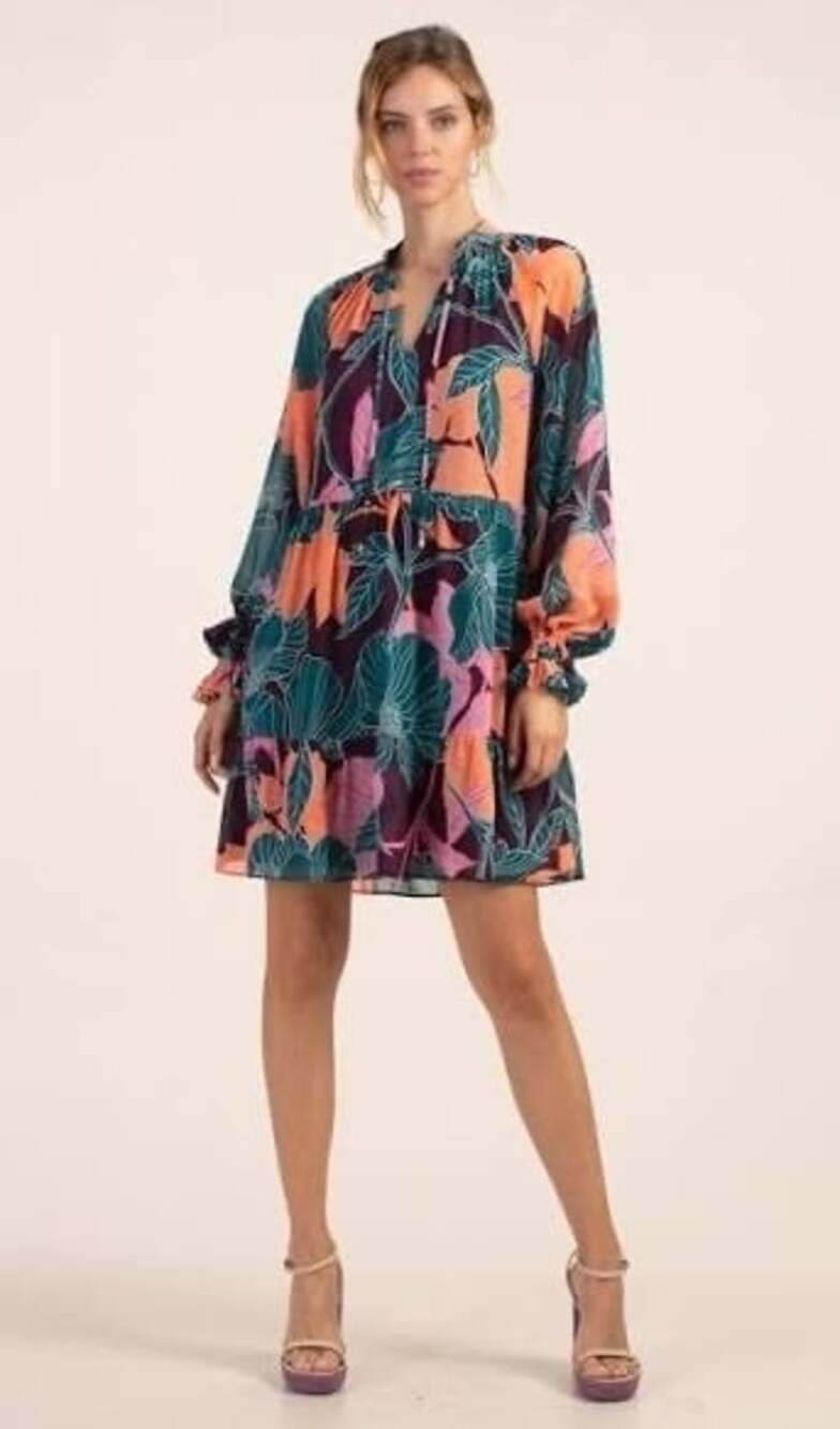 TRINA TURK Rhapsodic Size L Purple Floral Mini Dress Resort Wear Feminine Flowy